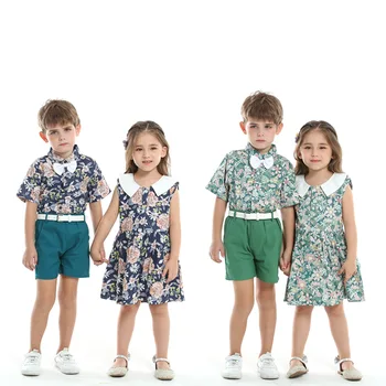 Комплект Одежды с короткими рукавами для мальчиков и девочек в Европейском и Американском стиле, Комплекты одежды для мальчиков, Летнее Платье с цветочным рисунком для девочек