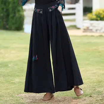2023, китайские винтажные брюки с цветочной вышивкой, женские традиционные широкие брюки, национальные атласные жаккардовые брюки с эластичной резинкой на талии