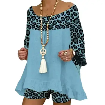  Женская повседневная одежда с рукавом 3/4, леопардовая свободная футболка в стиле пэчворк с круглым вырезом, шорты, Свободный летний Элегантный женский комплект
