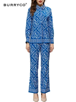 Burryco/Женская Новинка 2023 года, Весенне-летняя Синяя Рубашка с длинными рукавами и Тонким Принтом с лацканами, Модный костюм в Европейском и американском стиле
