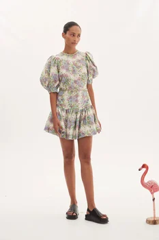 Женское льняное мини-платье Prairie Chic с цветочным принтом, коротким рукавом-фонариком и круглым вырезом