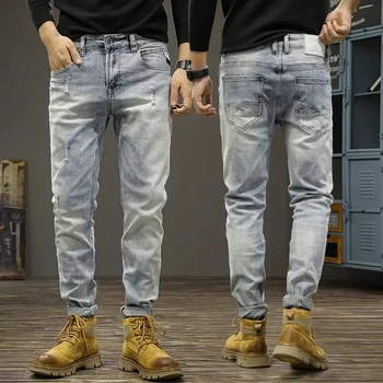 Модные мужские джинсы в итальянском стиле, ретро, светло-голубые, эластичные, облегающие, рваные Джинсы, мужские Винтажные Дизайнерские джинсовые брюки Hombre