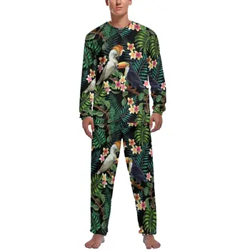 Пижама с пальмовыми листьями, с длинным рукавом, с цветочным принтом и птицами, Милые пижамные комплекты из двух предметов, осенняя одежда для сна, подарок на День рождения