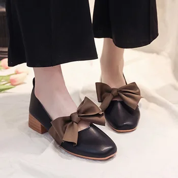 Модельные туфли на среднем каблуке, туфли-лодочки с бабочкой и Квадратным носком, Женские Офисные туфли на высоком Каблуке, Zapatos De Mujer