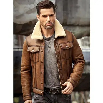 Мужская куртка из овчины B3, летная куртка, зимнее пальто-авиатор, Меховая кожаная куртка-бомбер, Коричневая джинсовая куртка