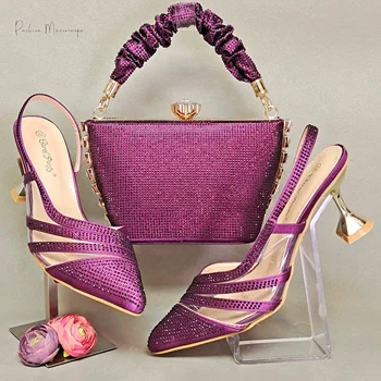 PM Фиолетовое однотонное украшение с бриллиантами Элегантная и простая изысканная женская обувь для вечеринок Комплект сумок