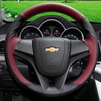 Для Chevrolet Cruze 2009-2014, Нескользящая ручная строчка, Винно-красный, черный кожаный чехол на руль автомобиля, аксессуары для интерьера