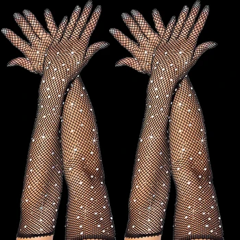 Длинные перчатки Со стразами, женские блестящие хрустальные сетчатые перчатки на весь палец, Танцовщица, Певица, Аксессуары для вечеринок в ночном клубе