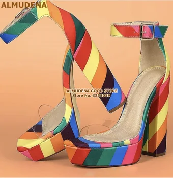 ALMUDENA/ Разноцветные Босоножки в радужную полоску на массивном каблуке, Прозрачные модельные туфли из ПВХ, Прозрачные туфли-лодочки из Змеиной кожи с пряжкой и ремешком