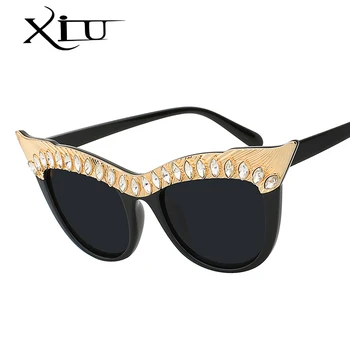 XIU crystal stone негабаритная оправа для кошачьих глаз женские солнцезащитные очки брендовые дизайнерские сексуальные женские модные солнцезащитные очки oculos