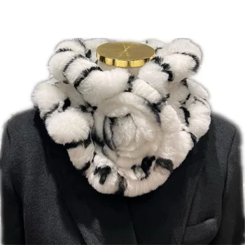 Новый зимний шарф из натурального меха кролика Рекс, женская вязаная пушистая грелка для шеи для девочек с цветком