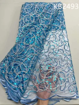 Голубое Тюлевое Кружево С блестками, Африканская Кружевная ткань, Высококачественные Нигерийские Свадебные платья, Кружевная Французская ткань для шитья KB2493