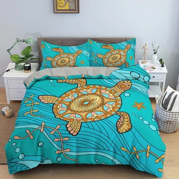 Комплект постельного белья Sea Turtle, Двойной пододеяльник, Комплект из полиэстера, стеганое одеяло с наволочкой 1/2, Мягкое одеяло на молнии