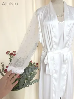 Свадебное платье с Жемчугом, Шикарный Шелковый халат для невесты, Белое Будуарное Атласное Кимоно Ins, Популярный подарок на день рождения, Женские платья с тюлевым платьем