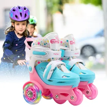 Регулируемые эластичные роликовые коньки из ПОЛИУРЕТАНА Для 2-8 Детей, двухрядные Роликовые коньки, Тормоза из ПВХ с двойным башмаком, Безопасные вспомогательные колеса для катания