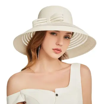 Новая стильная женская летняя Пляжная шляпа с бантом, женская Полосатая широкополая шляпа от Солнца, Бумажная Соломенная шляпа в стиле Дерби в Кентукки