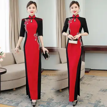 2023 национальное платье с цветочной вышивкой, китайское импровизированное ципао, элегантное народное длинное платье чонсам, китайское праздничное вечернее платье