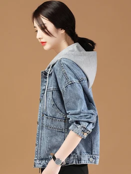 Женские куртки HCXR 2023, Осеннее Повседневное Свободное джинсовое пальто в корейском стиле со Съемным капюшоном и длинным рукавом, Джинсовая куртка в стиле пэчворк в корейском стиле