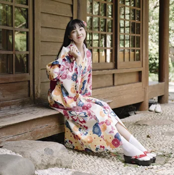 Японское Традиционное Кимоно Юката, Винтажное женское Кимоно Гейши, костюм для сценического представления с цветочным принтом, Косплей