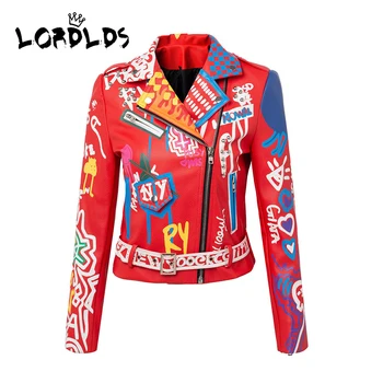 Женская красная кожаная куртка LORDLDS с граффити и красочным принтом, байкерские куртки и пальто в стиле панк, уличная женская одежда