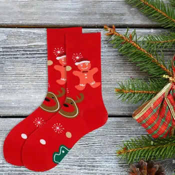 Противоскользящие носки Рождественские носки с красочным принтом, Мягкие теплые противоскользящие носки Унисекс средней длины с рисунком Санта-Снеговика на Новый год