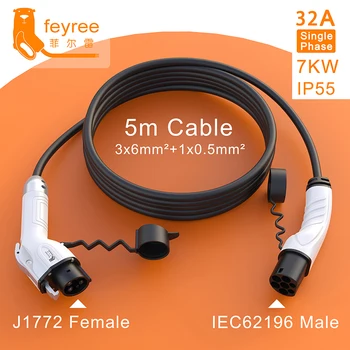 кабель для зарядки feyree EV J1772 Type1-Type2 Штекер 32A 16A 5 м Кабель для Электромобиля Шнур для автомобильного Зарядного устройства