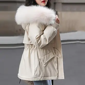 Пальто с хлопковой подкладкой, карманы на молнии с завязками на талии, Женское пальто, зимний пуховик средней длины с капюшоном из искусственного меха на флисовой подкладке