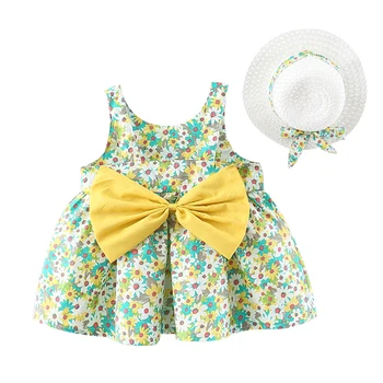 Летние платья для малышей, одежда для новорожденных девочек, Модные Милые цветы, Пляжное платье Принцессы без рукавов с большим бантом + солнцезащитная шляпа BC2074-1