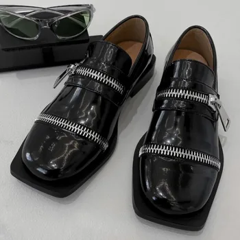 Модная мужская кожаная обувь на квадратной подошве, новый комплект, мужская повседневная обувь из натуральной кожи черного цвета на молнии