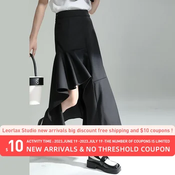 Leorlax Оригинальный Дизайн 2023 Летняя Японская Черная Юбка с разрезным деревянным подолом с Нерегулярным большим подолом, демонстрирующая Тонкую юбку Для женщин