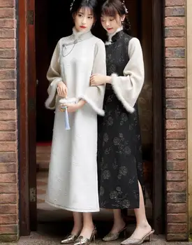 Зимнее Традиционное Китайское Длинное Плотное Платье Чонсам Женское Восточное Винтажное Чи пао Белого Цвета