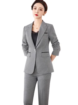 Офисный Женский брючный костюм, черный Кофейный плед, женская деловая рабочая одежда, Блейзер и брюки, официальный комплект из 2 предметов