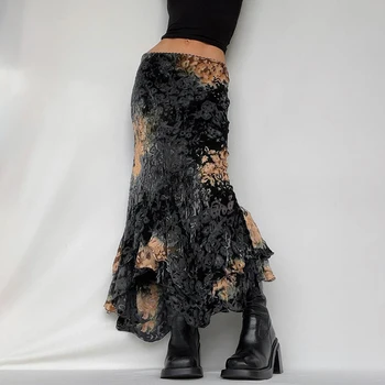 Лоскутные сетчатые асимметричные длинные юбки с винтажным принтом, женская праздничная юбка в стиле гранж с низкой талией