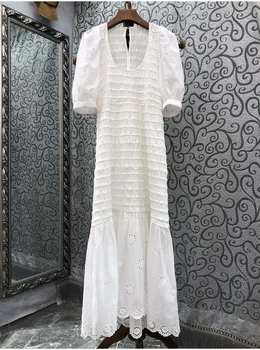 Длинное платье из 100% хлопка 2023, летнее платье с круглым вырезом, открытая вышивка, лоскутное шитье, короткий рукав, Повседневное Прямое длинное белое платье, великолепное