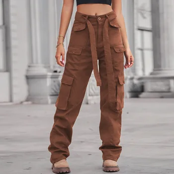 Женские брюки, Новые модные повседневные комбинезоны с несколькими карманами, однотонные трендовые брюки в уличном стиле Y2K Female
