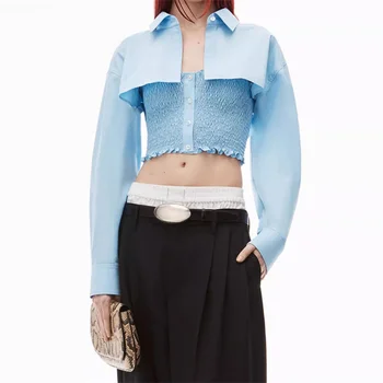 Стильная женская блузка 2023, Летняя новинка, корейская модная хлопковая женская рубашка, плиссированный Тонкий Топ из двух частей с длинным рукавом
