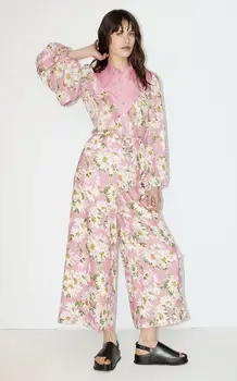 2023 Новая Женская льняная свободная рубашка с цветочным принтом розовой маргаритки, топы + Комплект широких брюк с высокой талией