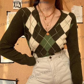 Женский свитер в виде ромба кофейного цвета с V-образным вырезом в стиле Ретро, Модный облегающий фигуру Свитер, подчеркивающий достоинства фигуры, осенние свитера для женщин