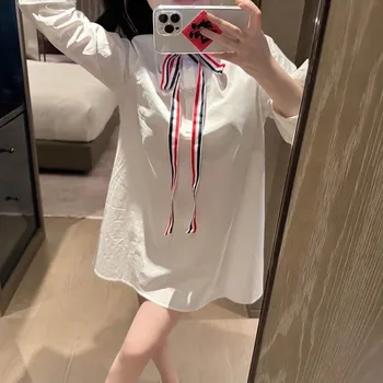 Высококачественная Корейская мода, футболка Поло с длинным рукавом в стиле Академии TB, рубашка средней длины с лентой, Женское повседневное платье-рубашка
