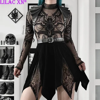 Готическая черная бархатная Кружевная сетчатая мини-юбка Y2K Harajuku, сексуальная Эстетичная Нерегулярная Плиссированная короткая юбка, женская летняя уличная одежда