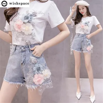 Кружевная футболка с цветочной вышивкой, короткий рукав, мини-шорты с кисточками, комплект из двух предметов, элегантные женские шорты, комплект летней одежды