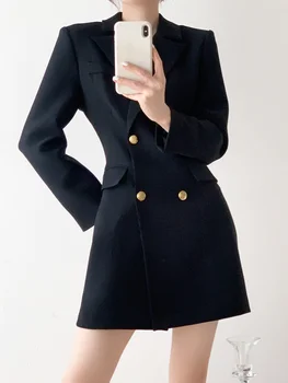 Новое костюмное платье Осень 2023, Двубортное Черное пальто-френч С высокой талией, Женское