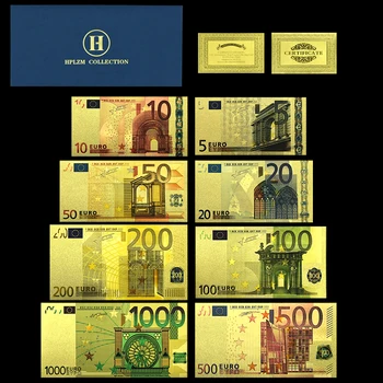 Банкноты из золотой фольги Евро 2,10,20,50,100,200,500,1000 Евро с сертификатом 