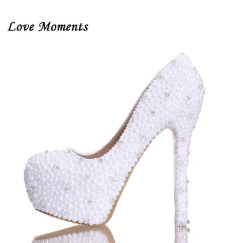 Love Moments/ Белые ЖЕНСКИЕ туфли-лодочки; тонкие туфли на высоком каблуке; свадебные туфли ручной работы с жемчугом и стразами; женские туфли на высокой платформе; femme