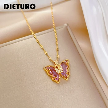 DIEYURO, Нержавеющая сталь 316L, Фиолетовое Ожерелье с подвеской в виде Бабочки с Кристаллами Для женщин, Модная цепочка для девочек, Колье на Ключицу, Ювелирный подарок