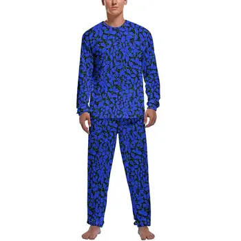 Голубая пижама с растительным принтом и принтом в виде человеческих листьев, Элегантная пижама с длинными рукавами, Комплект из 2 предметов, пижама с рисунком сна