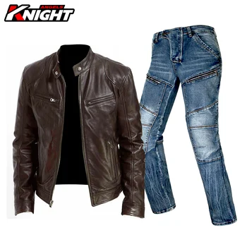 Мотоциклетная кожаная куртка Для мужчин, лето-осень, куртка для мотокросса из искусственной кожи, Брюки, костюм, ретро байкерский мотоцикл, водонепроницаемая мото Куртка