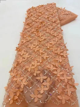 Розовая Кружевная Ткань С 3D Бусинами 2023, Высококачественная Сетчатая Вышивка, Аппликация Из 3D Цветочного Тюля, Нигерийская Кружевная Ткань Для Роскошного Вечернего Платья