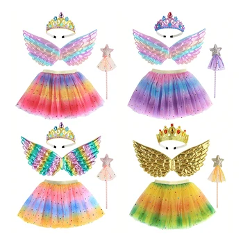 Детский праздничный костюм для девочек, Блестящая Тиара ручной работы, Блестящая Корона, Крылья Ангела, Радужная звезда, юбка-пачка, комплект для принцессы 3-8 лет