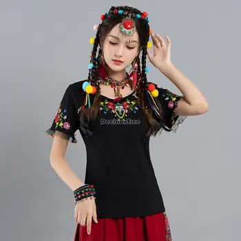 летняя новинка 2023, китайский этнический стиль, ретро, вышитая футболка с круглым воротником и коротким рукавом, женская национальная мода, китайский топ s266